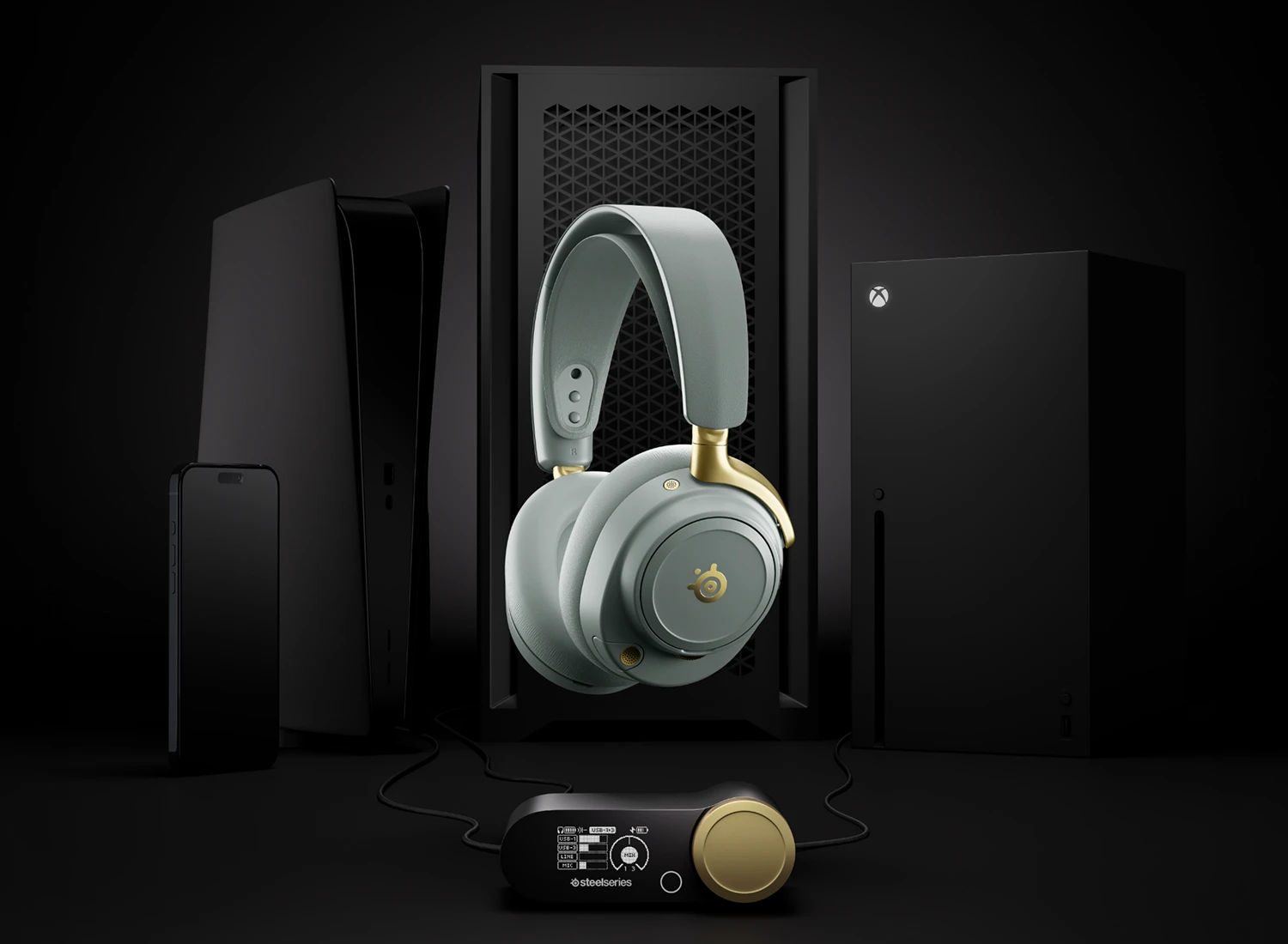 arctis nova sage gold with different devices in the background