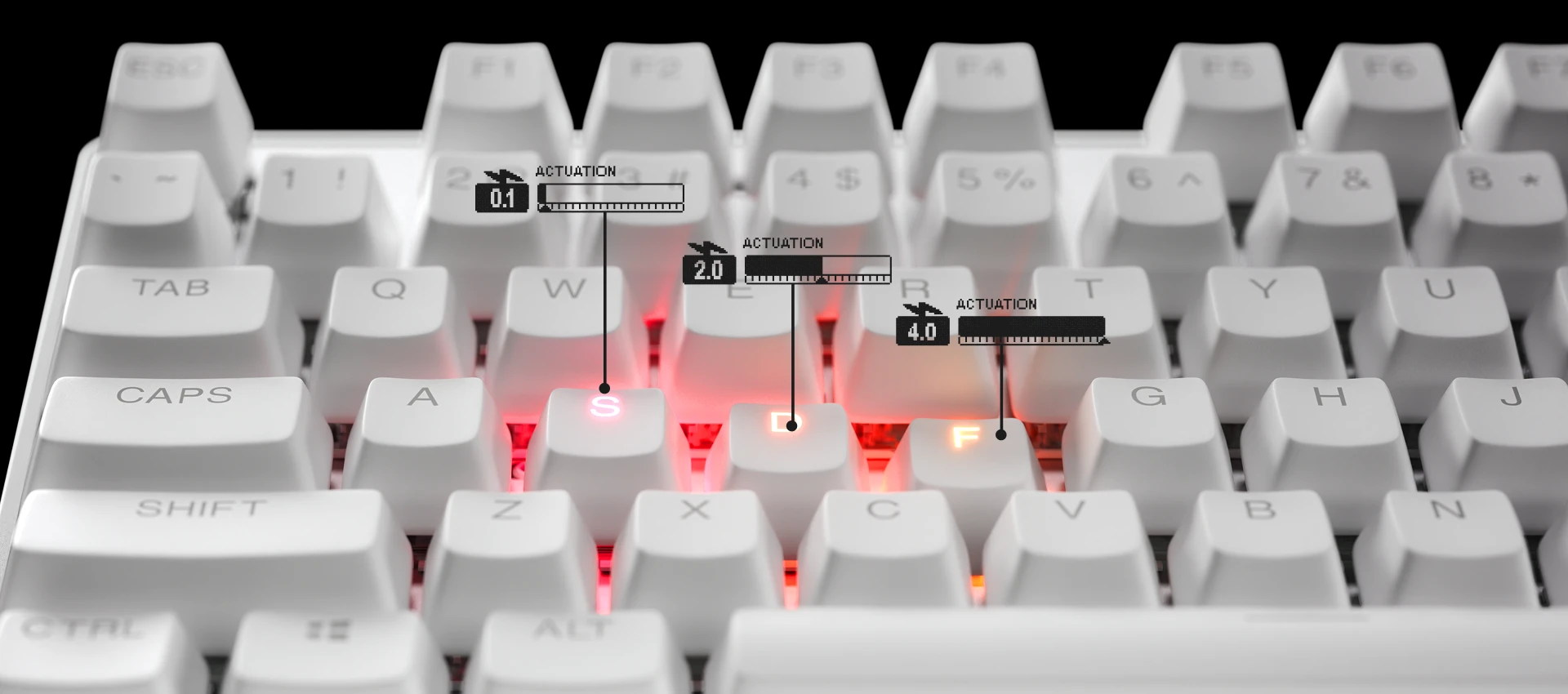 Close-up of SteelSeries Apex Pro gaming keyboard highlighting adjustable OmniPoint switches with millimeter actuation diagrams for S, D, and F keys.