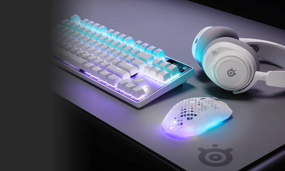 An image of an all white SteelSeries gaming setup.