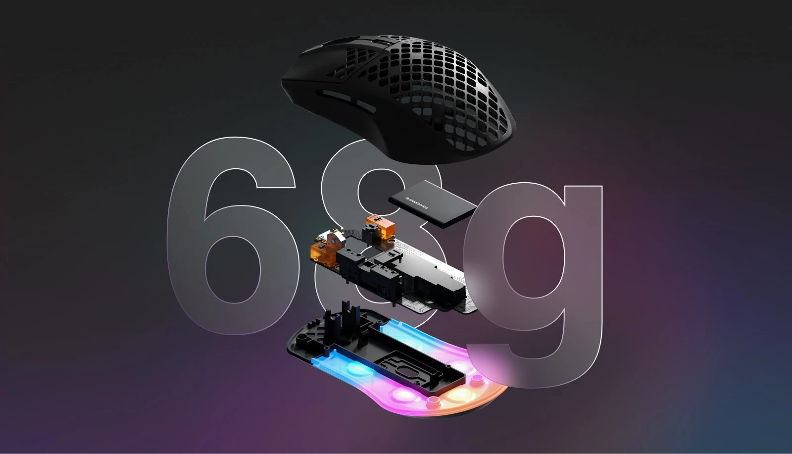 Ratón Aerox 3 Wireless 2022, con todas las piezas mostradas verticalmente. El texto detrás de la imagen dice "68 g".