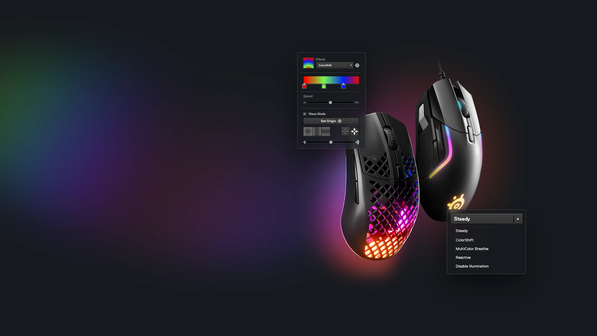Two SteelSeries gaming mice with customizable RGB lighting and software menus showing color effect options like ColorShift and Wave Mode.