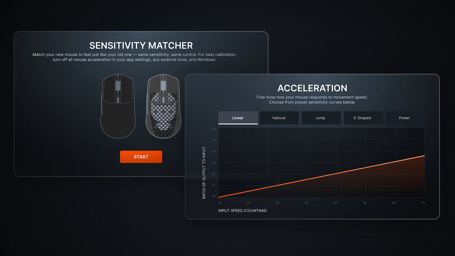 Sensitivity matcher setup screen with mice illustrations and acceleration curve graph.