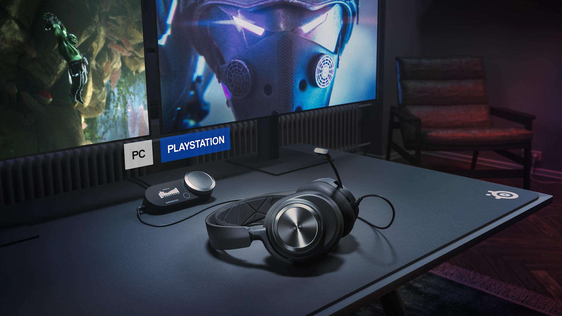 The Arctis Nova Pro Wired set connected to the game DAC lies on a large QCK mousepad, which is connected to two monitors. In the center, the text reads 'PC' and 'PlayStation.