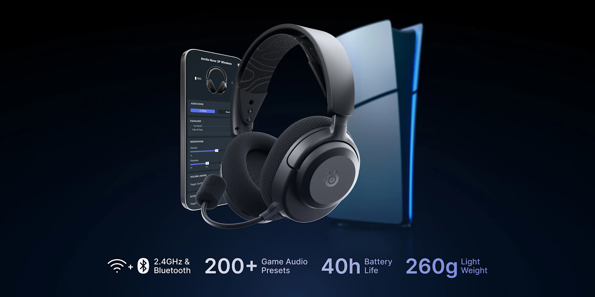 Arctis Nova 3 Wireless omgivet af smartphone og Xbox-konsol på en mørk baggrund