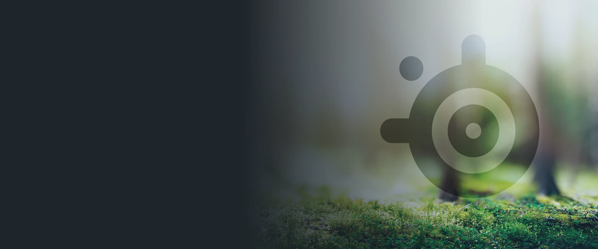 A translucent SteelSeries logo overlaid on a blurred forest floor with green moss and sunlight filtering through trees. The left side of the banner is a dark, solid gradient.