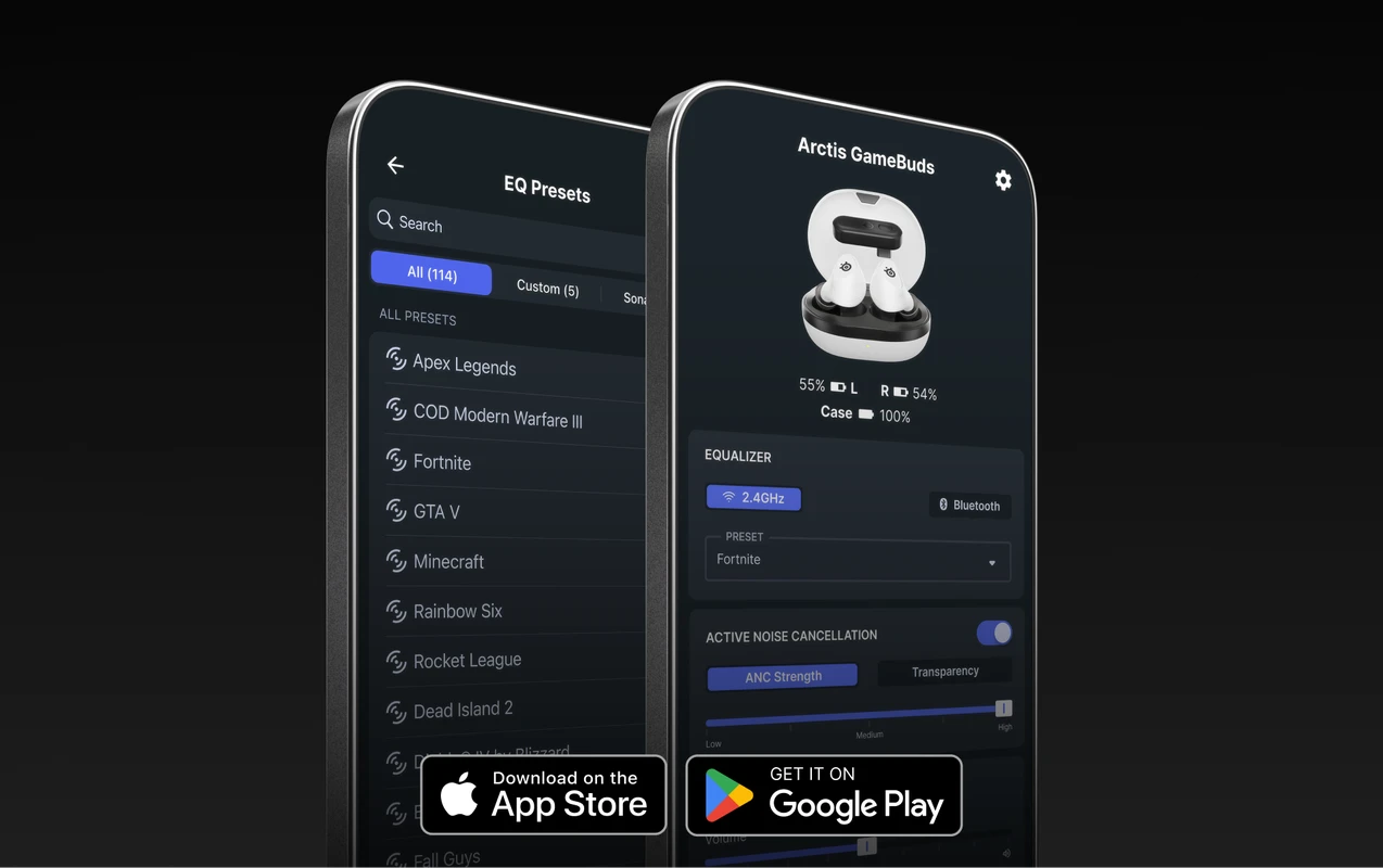 두 대의 스마트폰에 EQ 프리셋 및 배터리 잔량과 함께 앱스토어 및 구글 플레이 다운로드 버튼이 있는 Arctis GameBuds용 스틸시리즈 앱 인터페이스가 표시되어 있습니다.