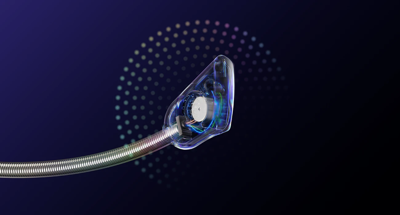 Transparent microphone on a blue and black background, with visible elements like cables and micro chip.