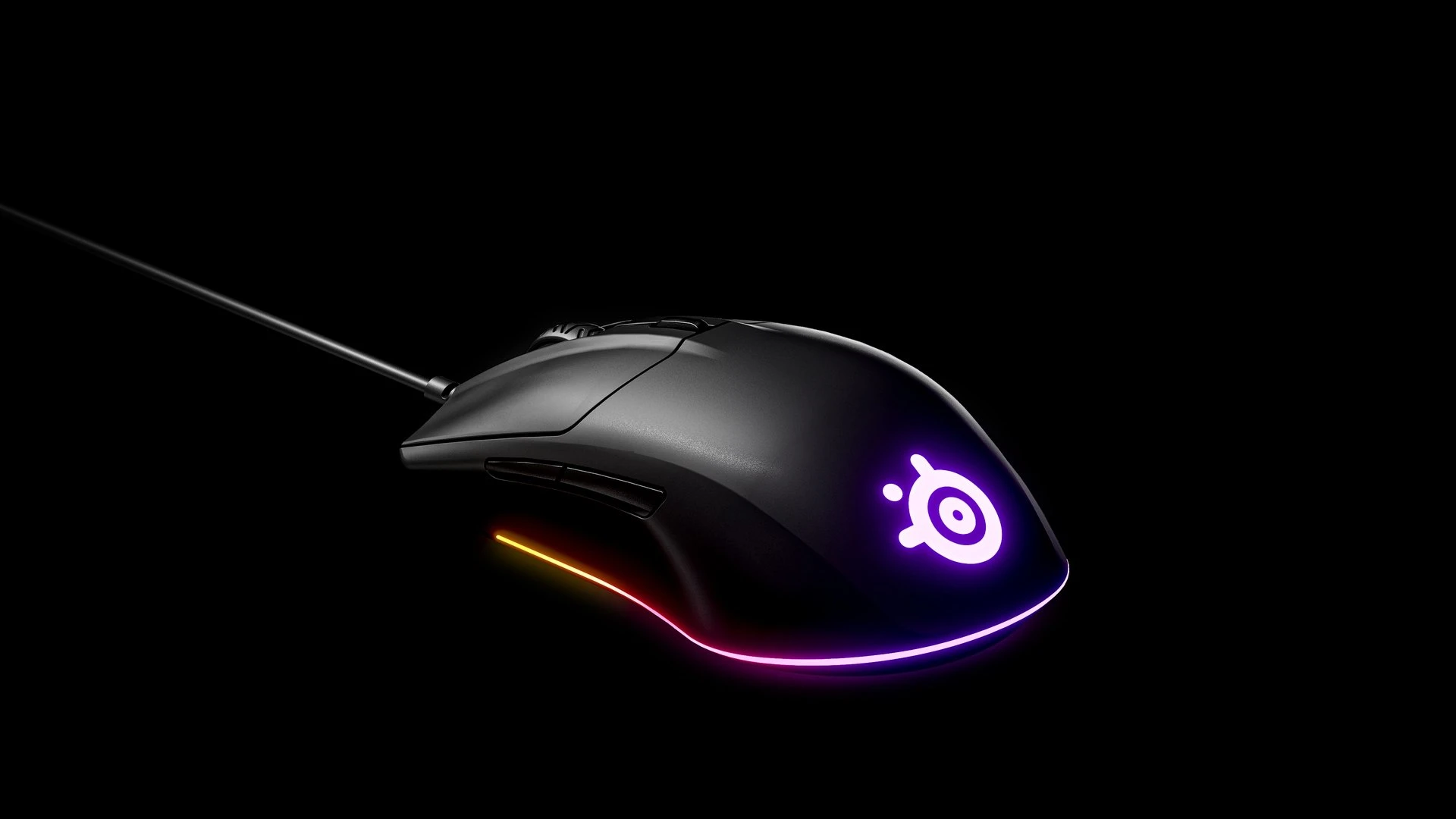 Rear view of Rival 3 Wired Mice with RGB lightning on a black background.