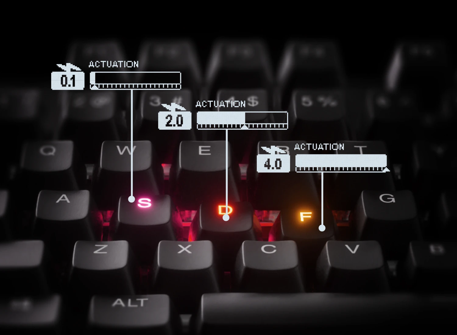 Primer plano del teclado para juegos SteelSeries Apex Pro, en el que destacan los interruptores OmniPoint ajustables con diagramas de actuación milimétricos para las teclas S, D y F.