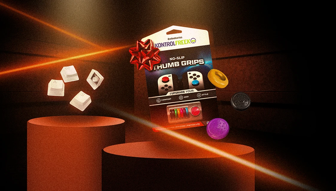 Une image de Prism Caps blancs et de KontrolFreek No-Slip Thumbgrips exposés sur des socles, avec des lumières laser orange éclairant l'arrière-plan.