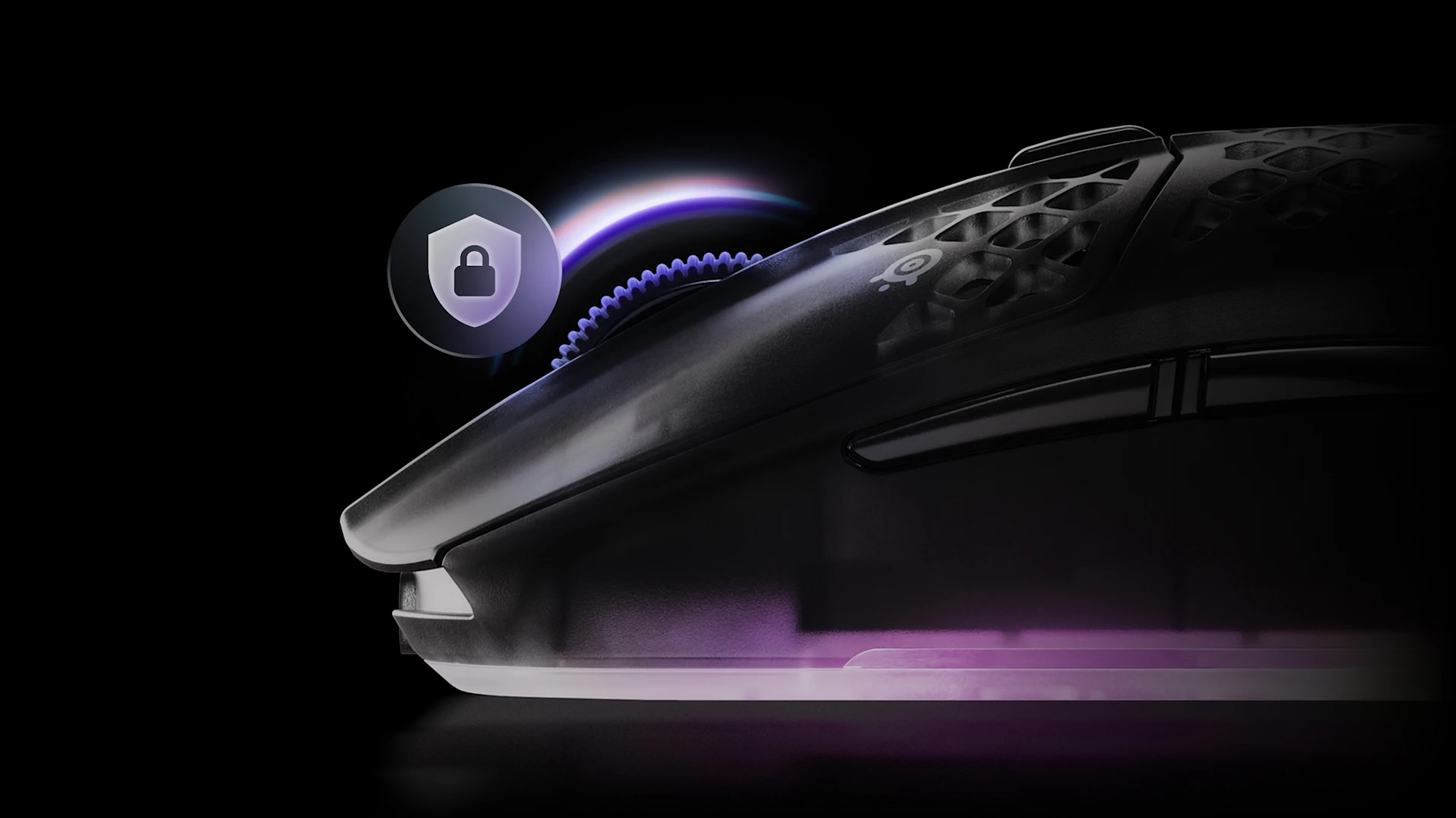 Side view of gaming mouse with scroll wheel and lock icon symbolizing secure wireless.