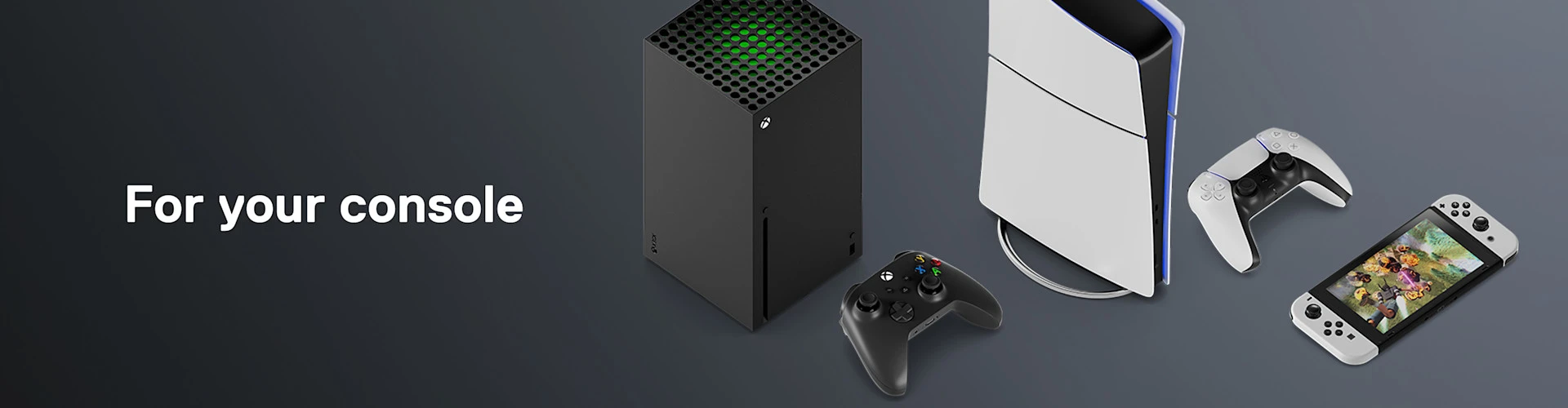 O imagine a consolelor Xbox Series X, PS5 și Nintendo Switch cu textul "Pentru consola dvs." și un fundal gri închis cu gradient.