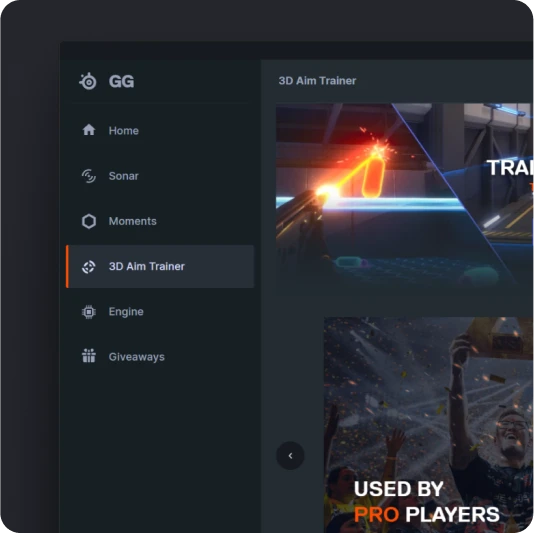The SteelSeries GG application interface, showing the main menu with the "3D Aim Trainer" tab selected.