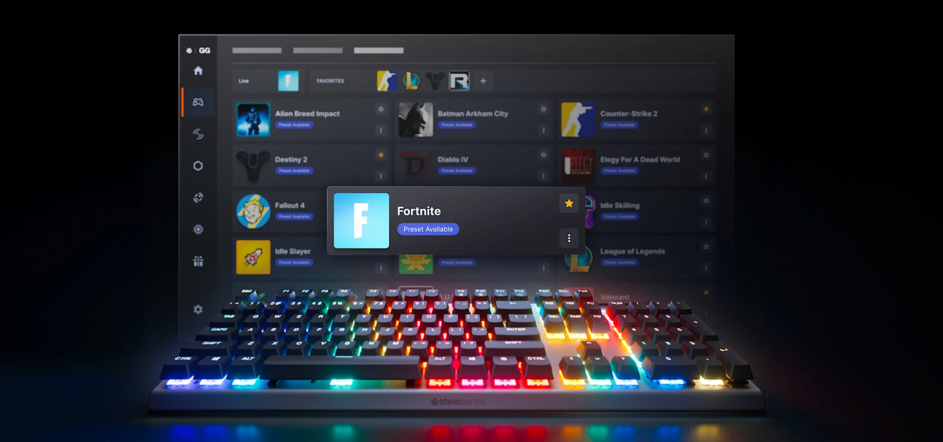 Um teclado Apex Pro Gen 3 em tamanho real, com uma captura de tela do software GG exibida ao lado.