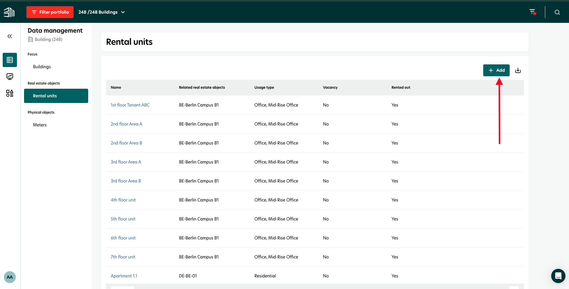 Add area measurements for rental units