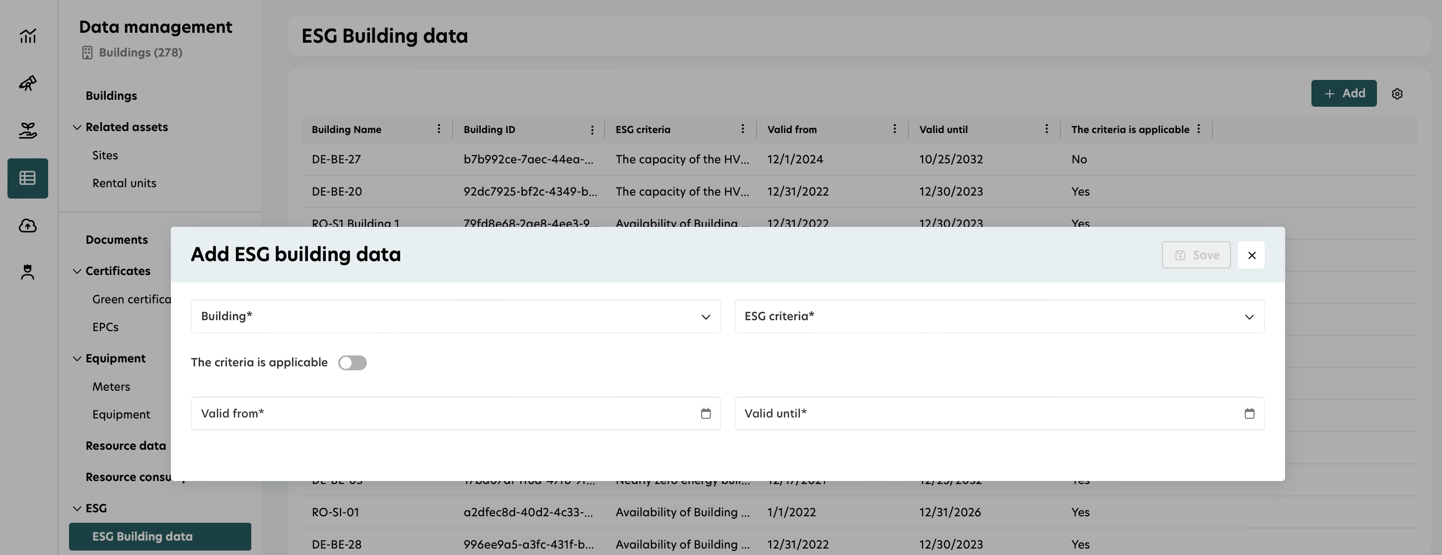 ESG building data +Add