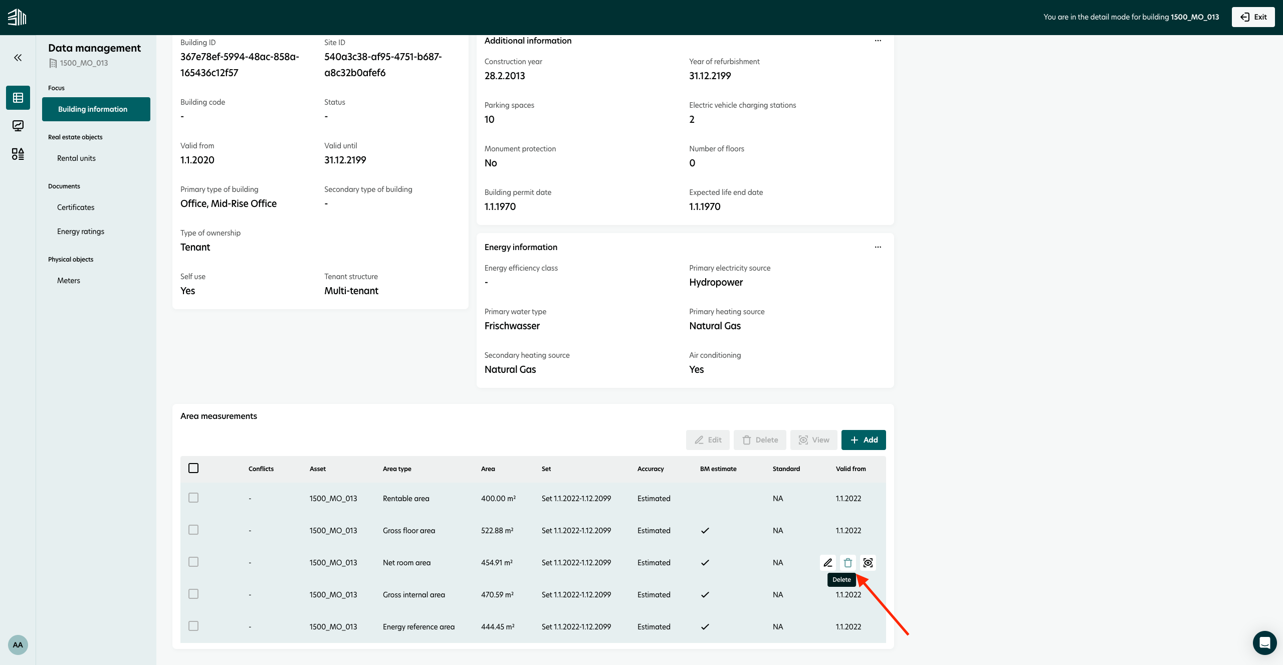 Delete area measurements