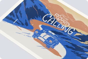 Art print of a Ford Mustang driving down a winding road with the headline The Road is Calling.