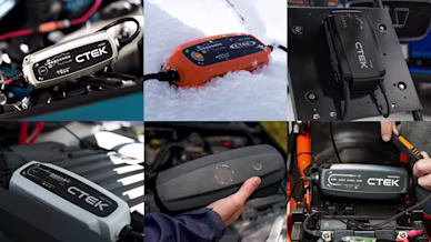 A collage of six images showing various CTEK battery chargers in different settings, including inside a car engine bay, on snow, and being held by a person