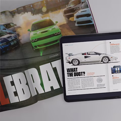 Tablet displaying HDC digital magazine and an open magazine spread featuring sports cars.