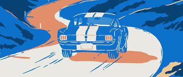 Art print of a Ford Mustang driving down a winding road.