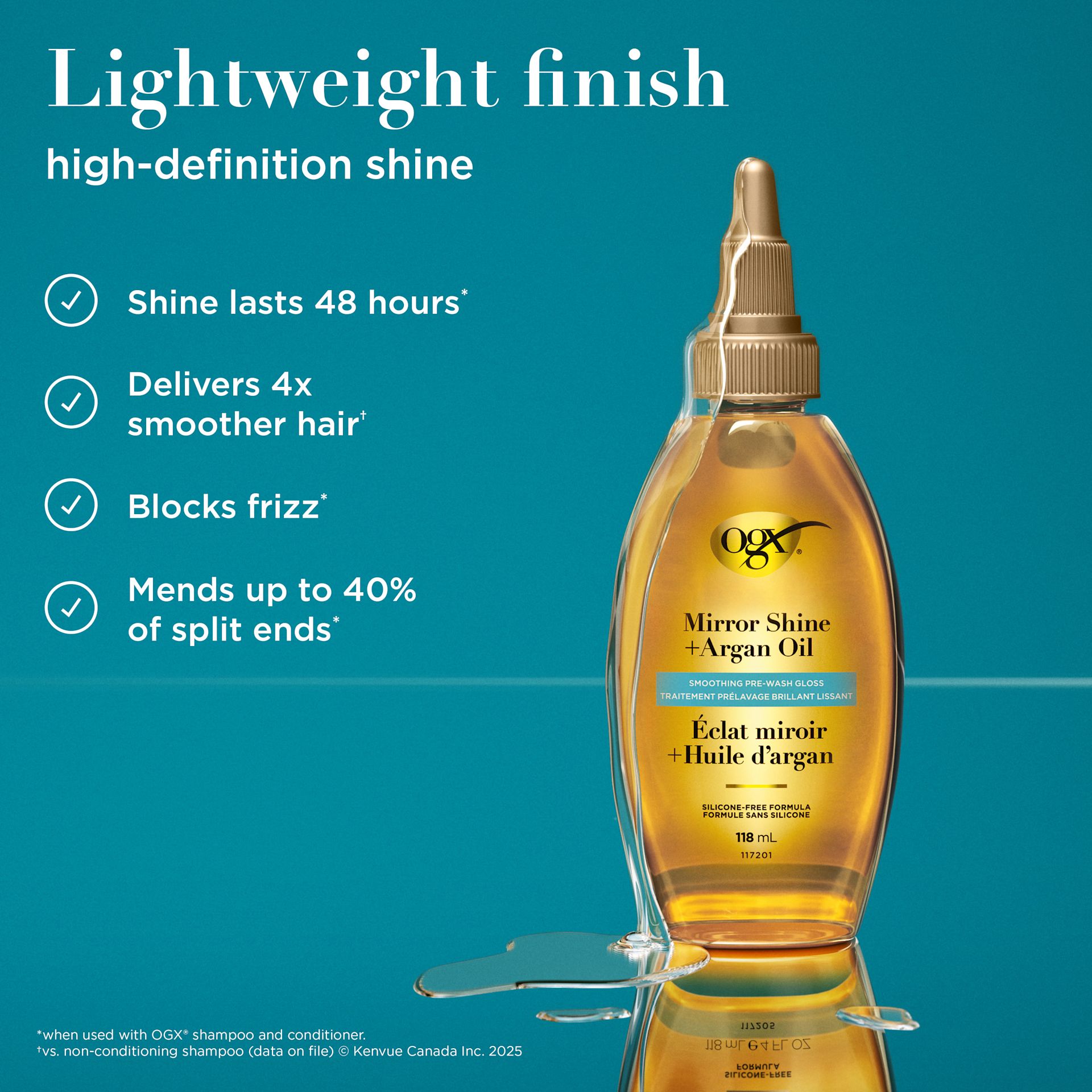Image numérique améliorée du lustre capillaire prélavage Mirror Shine à l’huile d’argan OGX®, 118 ml
