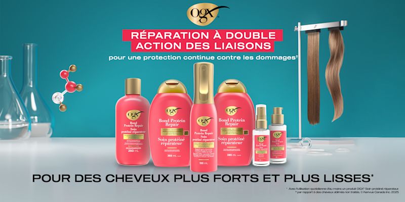 Une bannière affichant cinq produits de soins capillaires Soin protéiné réparateur d’OGX® à côté de mèches de cheveux sains et de flacons de laboratoire