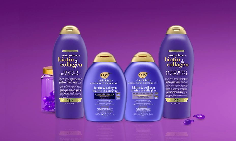 A banner displaying OGX® Canada Biotin & Collagen Hair Care Line products
