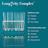 Long7vity Complex™: Reinforce roots with peptides, caffeine and micro-algae. Promoting healthy scalp with niacinamde, feverfew, vitamin B5, and mango extract