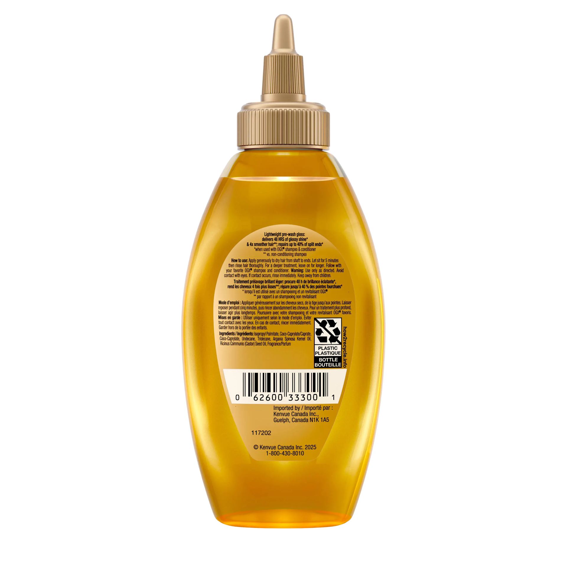 Vue de dos du lustre capillaire prélavage Mirror Shine à l’huile d’argan OGX®, 118 ml