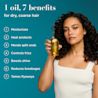 OGX® Renewing + Argan Oil of Morocco Extra Penetrating Oil talent showcasing product with benefits: one oil, 7 benefits for dehydrated hair.