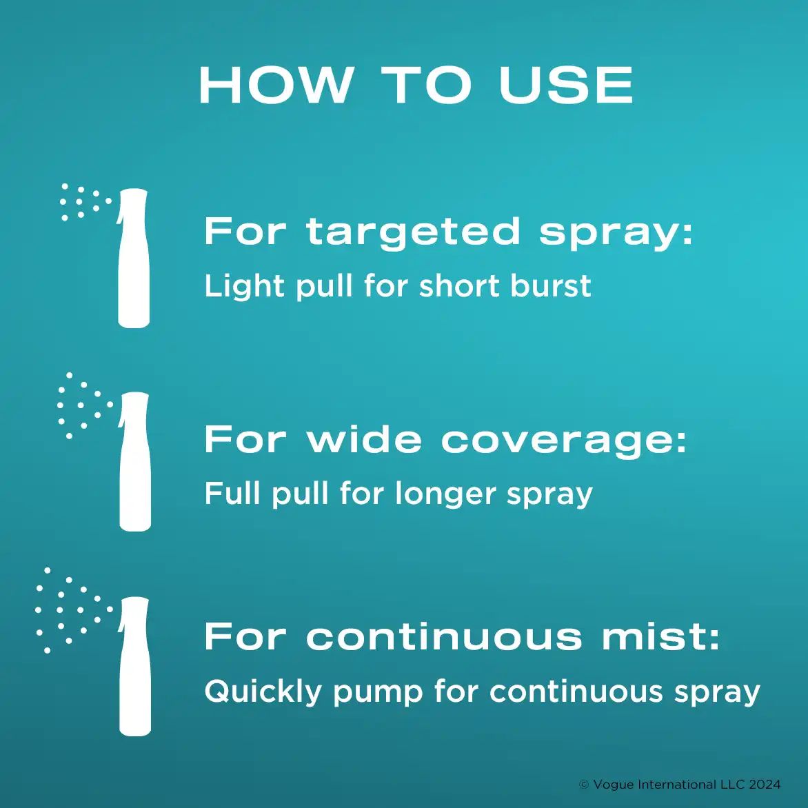 How to Use: One, for targeted spray, light pull for short burst. Two, for wide coverage: full pull for longer spray. Three, for continuous mist: quickly pump for continuous spray.