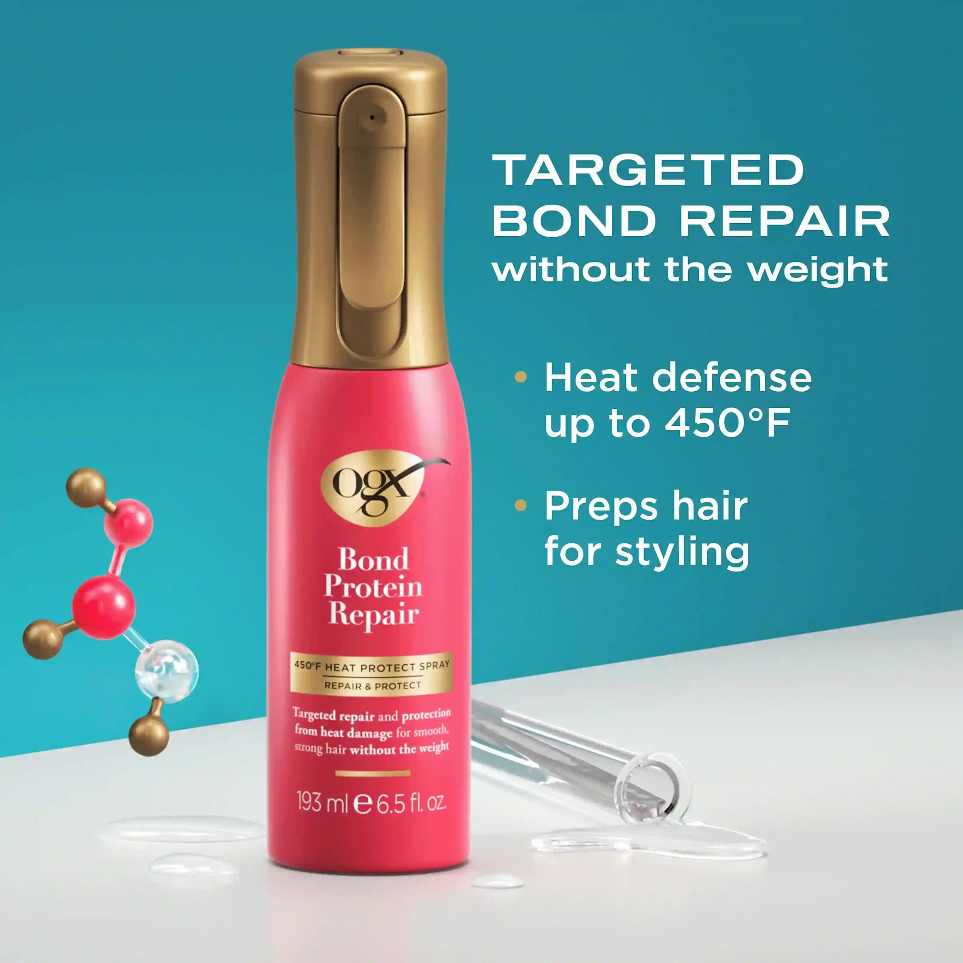 OGX® Bond Protein Repair 450 degree heat protect spray weightless mist teal background