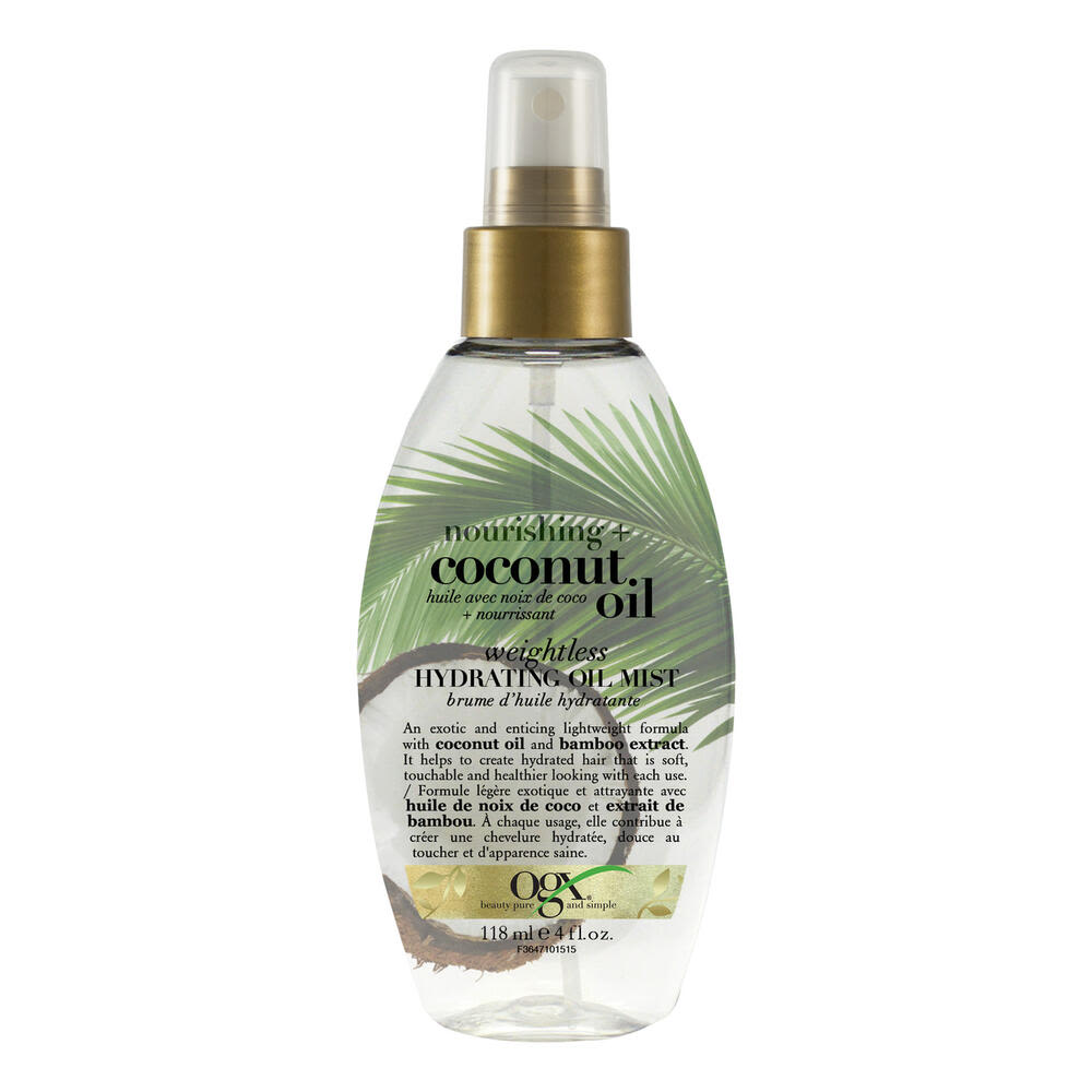 Vue avant de la brume d’huile capillaire hydratante, légère et nourrissante + huile de noix de coco OGX®, bouteille de 118 mL