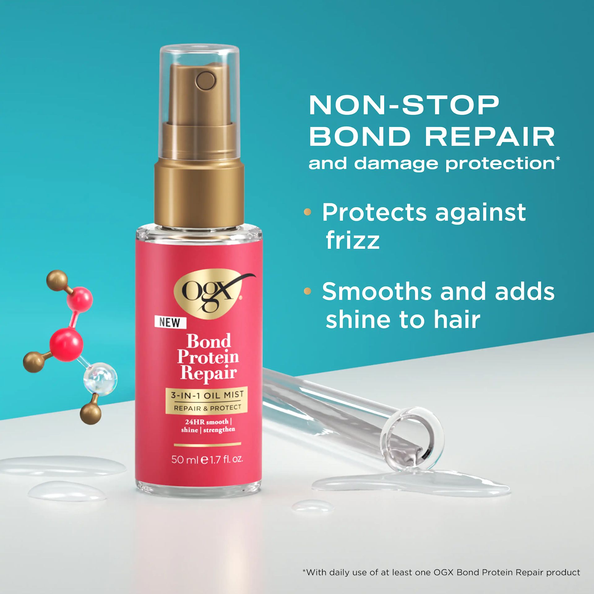 Bond Protein Repair 3-in-1 Oil Mist Product Benefits: Protects against frizz, smooths and adds shine to hair