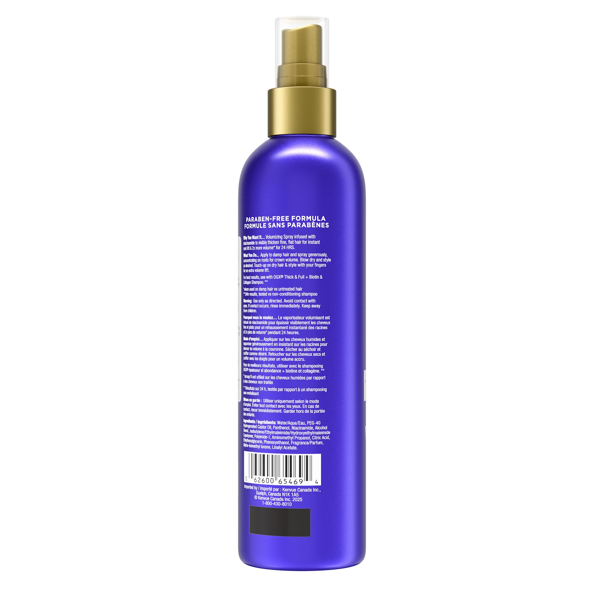 Vue arrière du vaporisateur volumisant OGX® + niacinamide, flacon vaporisateur de 233 ml​