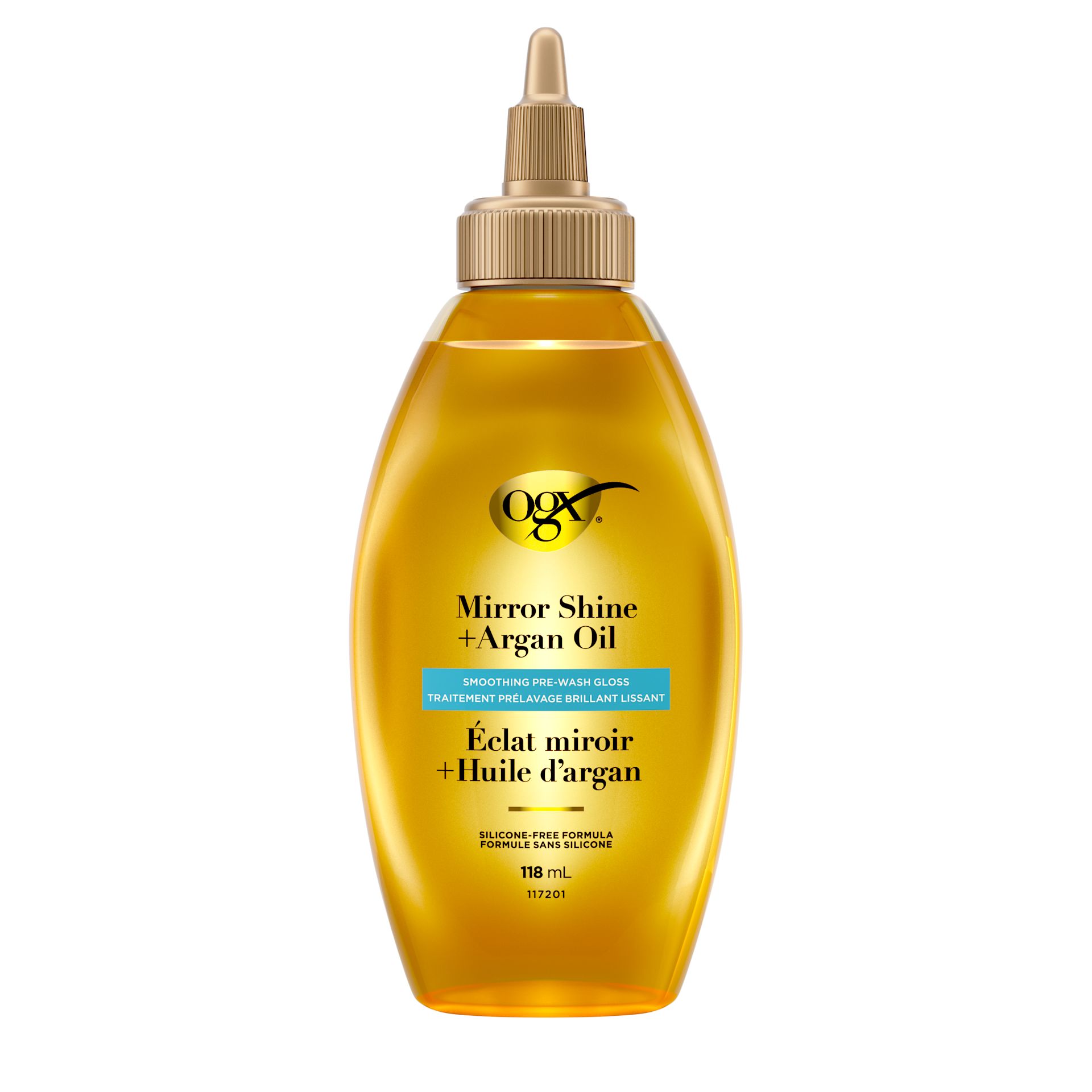 Vue de face du lustre capillaire prélavage Mirror Shine à l’huile d’argan OGX®, 118 ml​