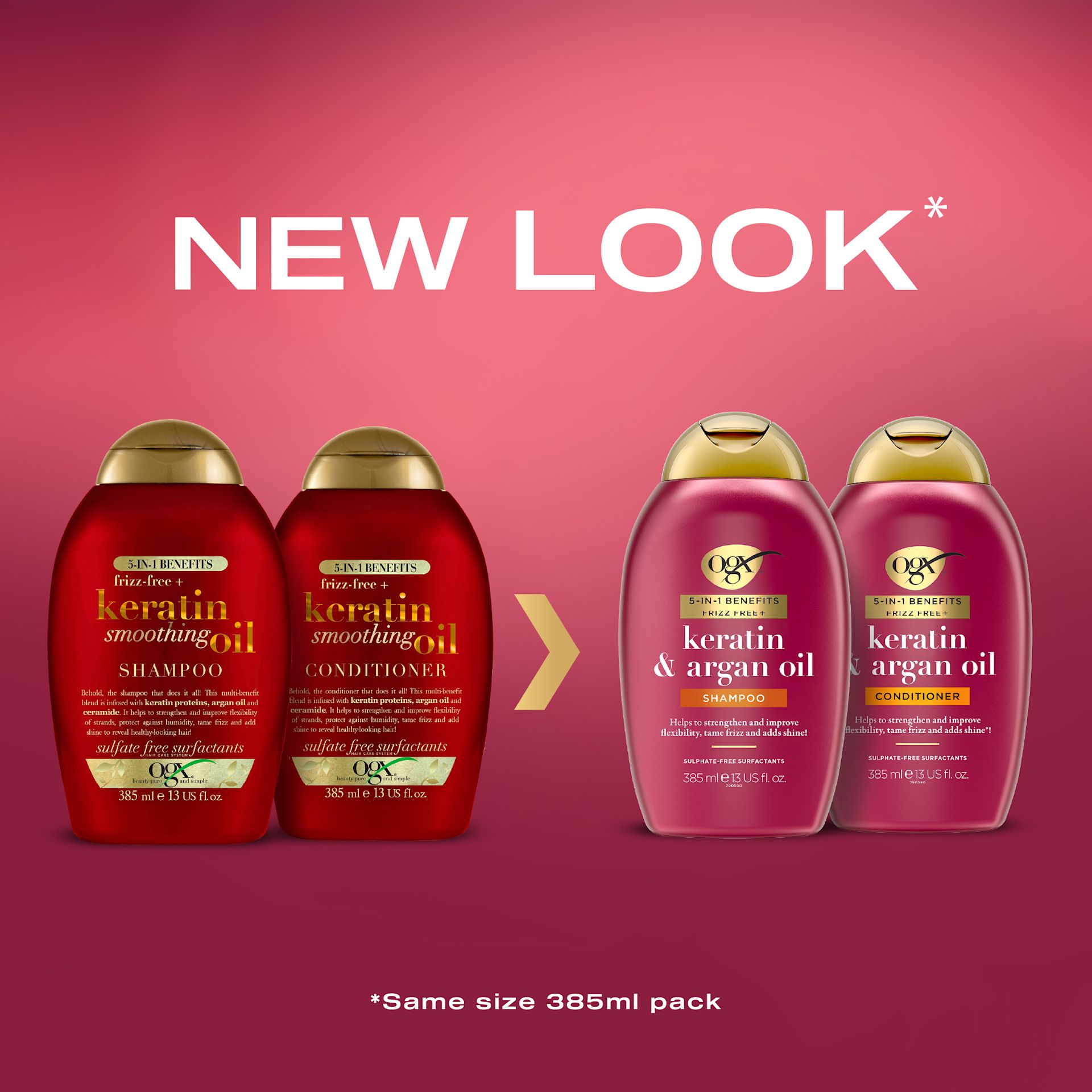 OGX  5-in-1 benefits Frizz Free+ Keratin & Argan Oil Shampoo, 385ml | OGX® Beauty