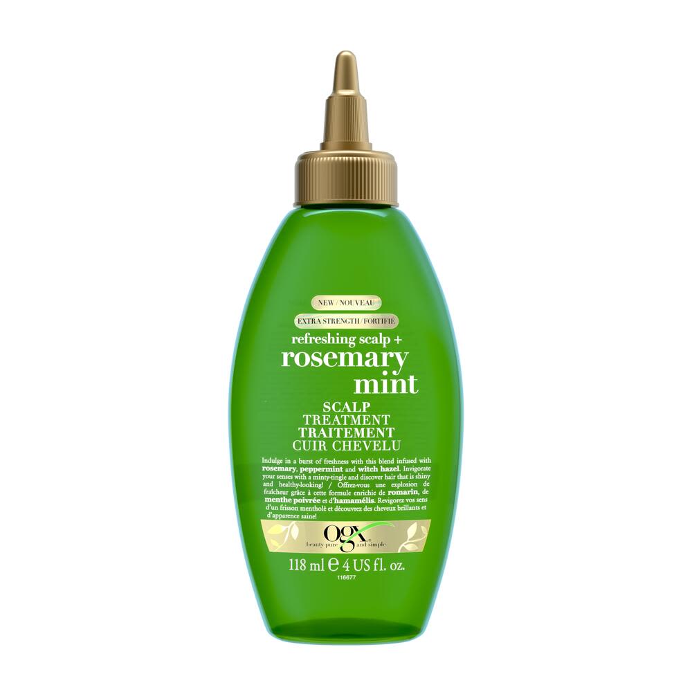Front shot of OGX® Refreshing Scalp+ Rosemary Mint Extra Strength Scalp Treatment, 118 mL bottle