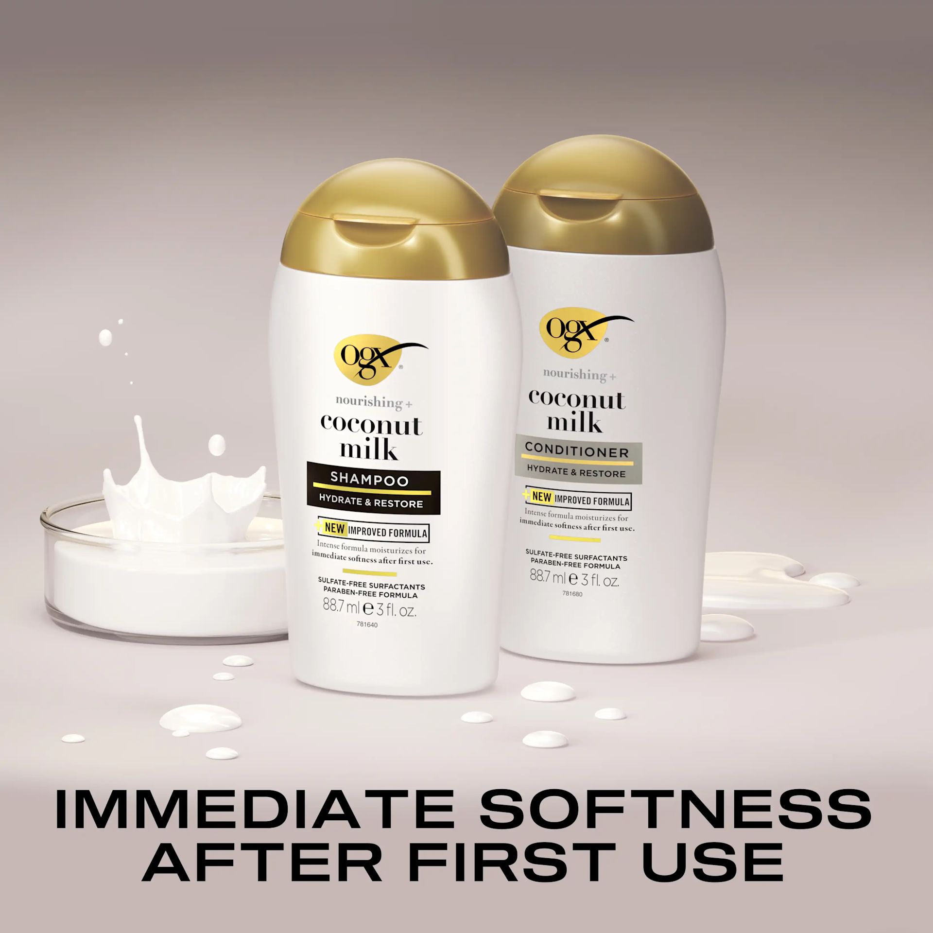 OGX® Coconut Milk shampoo conditioner white bottles hydrate restore immediate softness