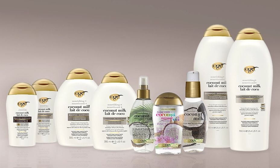 Une bannière présentant la gamme des neuf produits de soins capillaires au lait de coco d’OGX® Canada