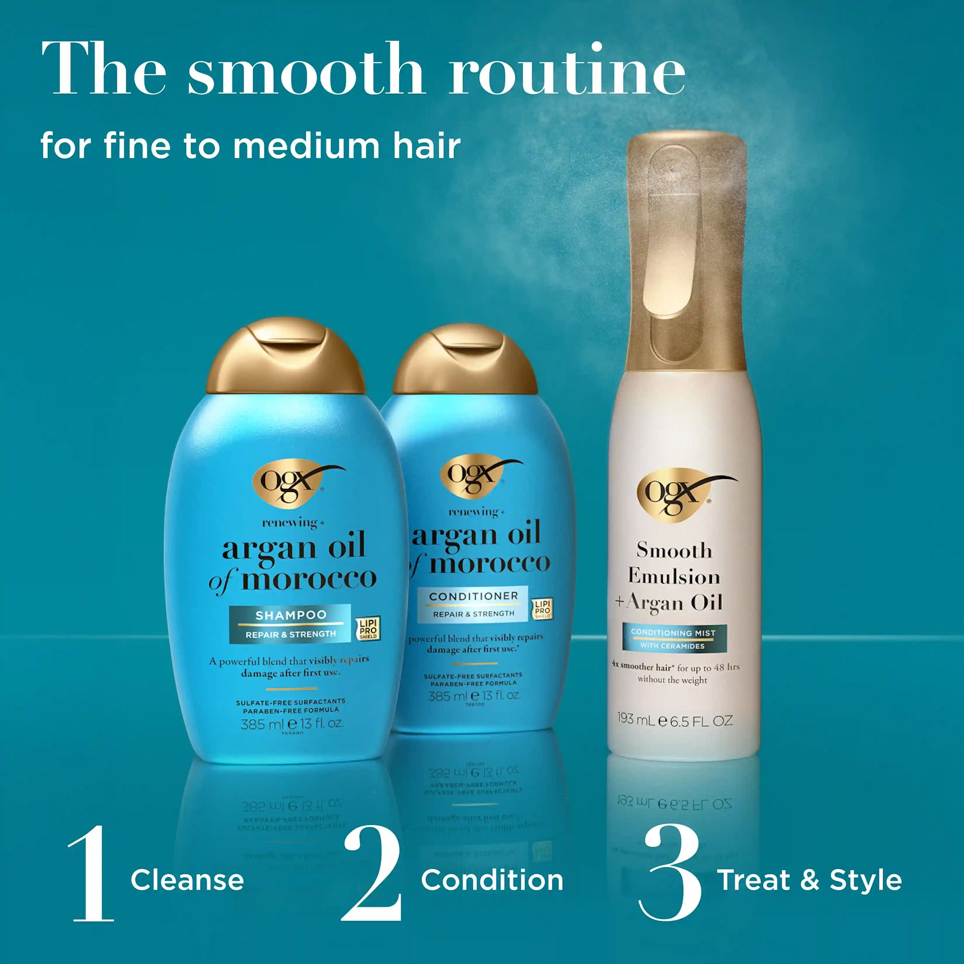 The smooth routine for fine to medium hair: 1 cleanse with argan oil of morocco shampoo 2 conditon with argan oil of morocco conditioner 3 treat with mooth Emulsion + Argan Oil Conditioning Mist
