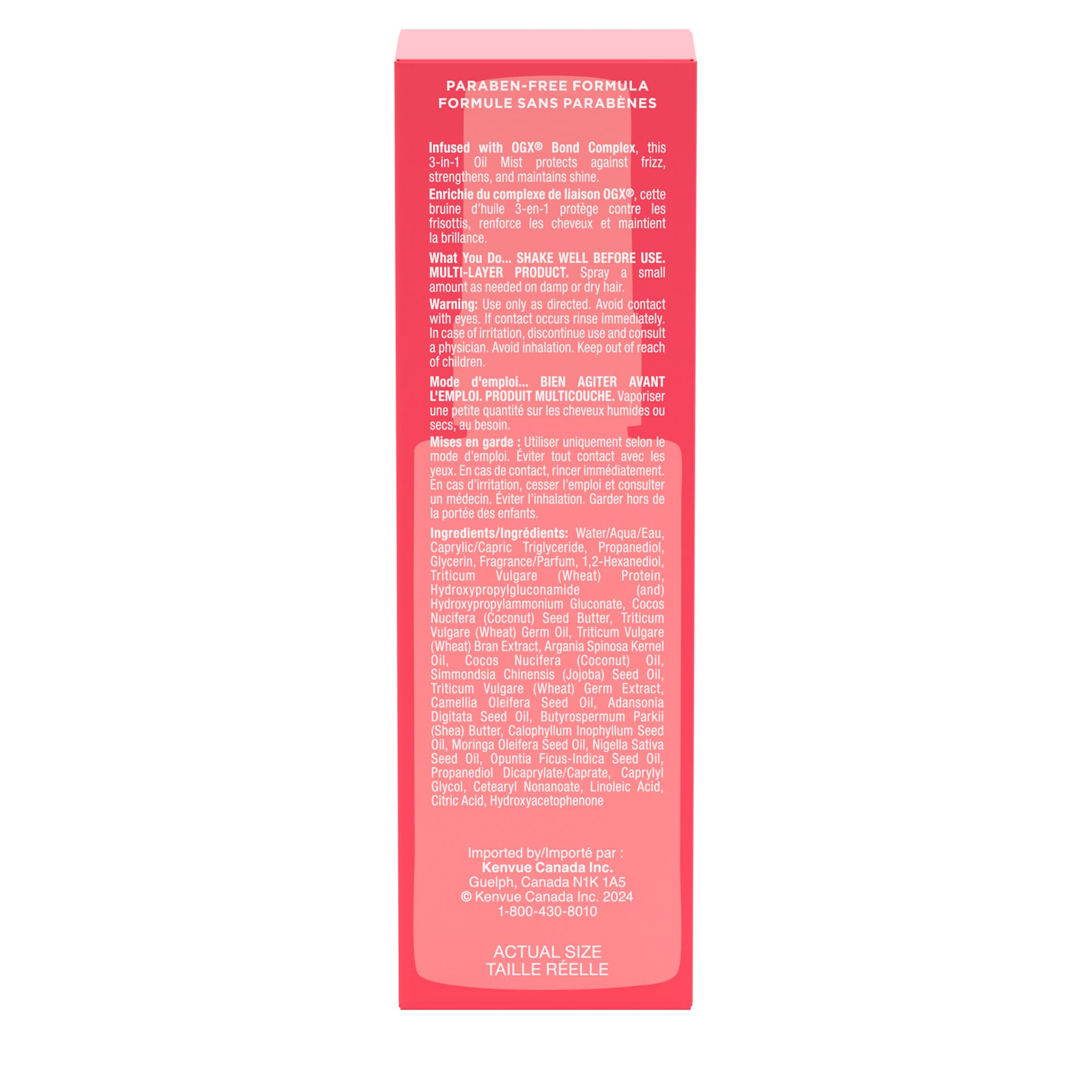 Vue arrière de la brume d’huile 3 en 1 Soin protéiné réparateur OGX®, bouteille de 50 mL et son emballage