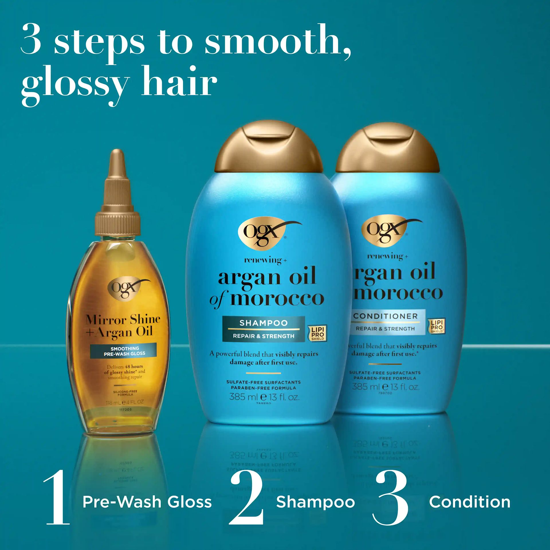 3 steps to smooth glossy hair: 1 pre-wash gloss 2 argan oil of morocco shampoo 3 argan oil of morocco conditioner