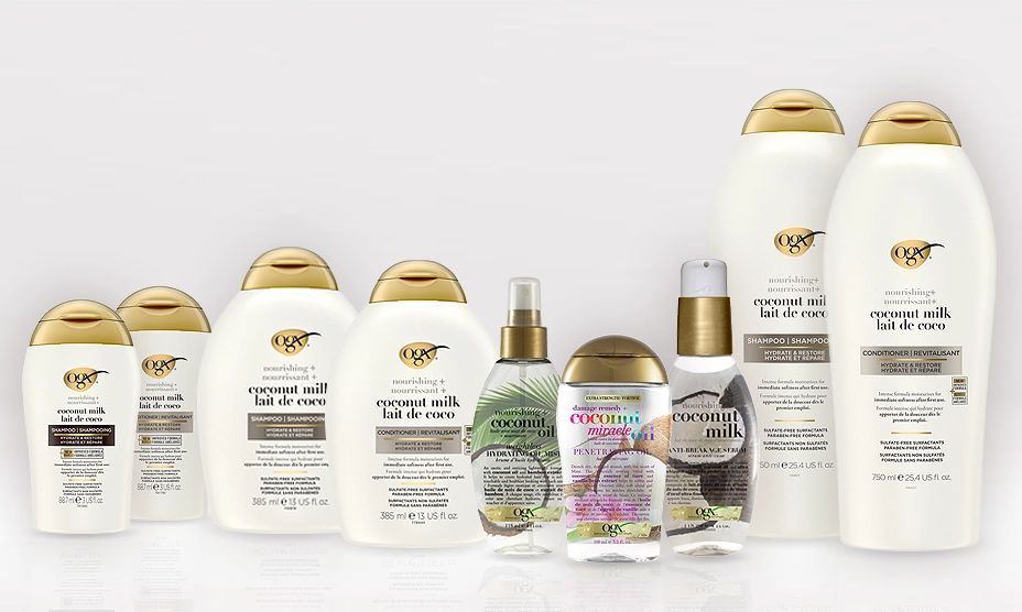 A banner displaying nine OGX® Canada hydrating Coconut Milk Hair products