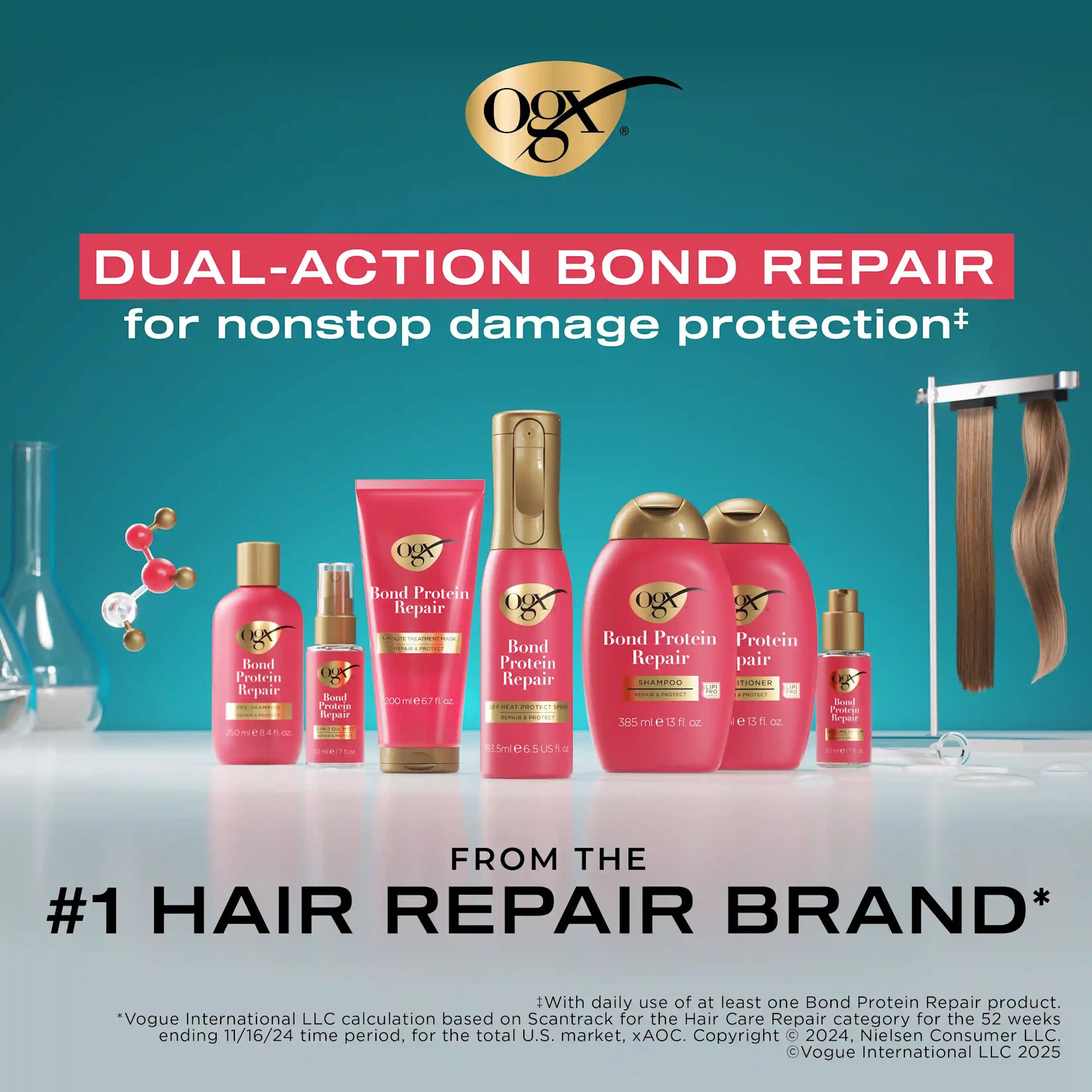 OGX® Bond Protein Repair lineup shampoo conditioner spray dual action bond repair