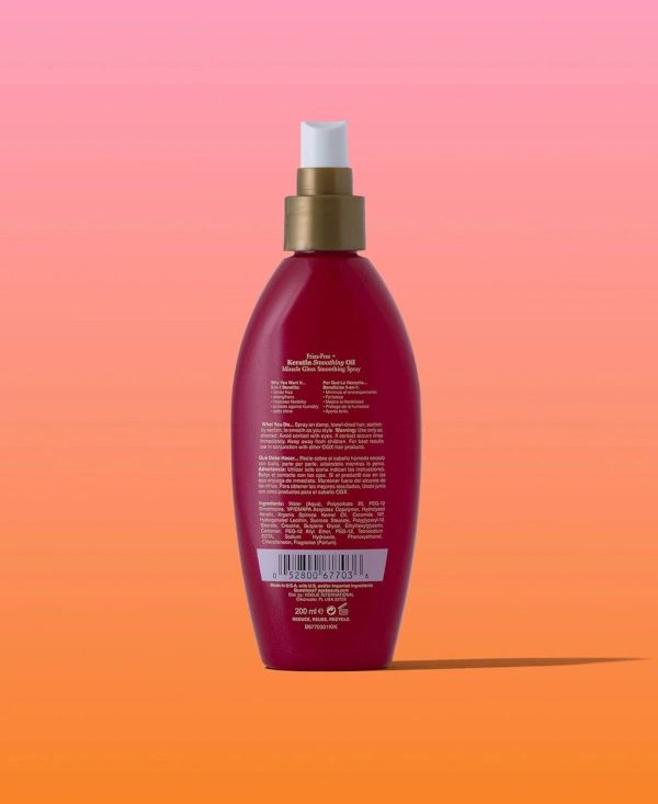 [DISCONTINUED] Frizz-Free + Keratin Smoothing Oil Miracle Gloss Spray 6.8 fl oz Back of Packaging
