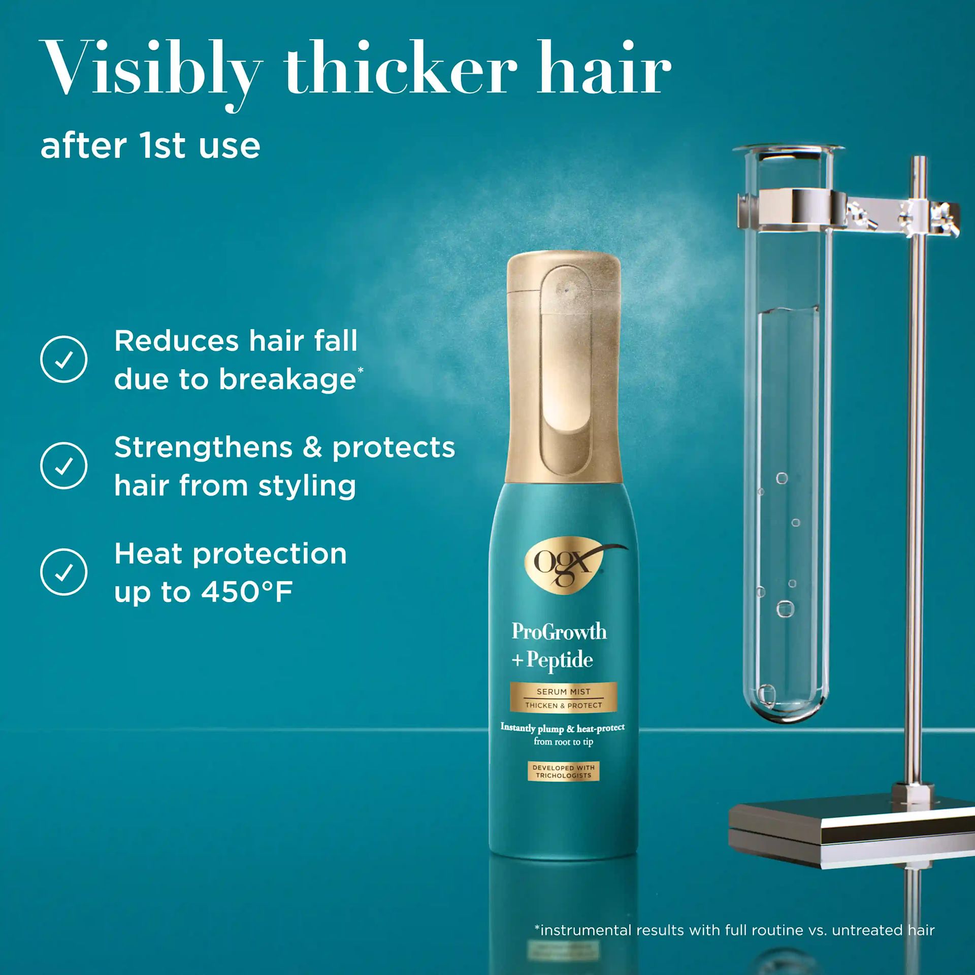 Visibly thicker hair after 1st use. Reduces hair fall due to breakage, strengthens and protects hair from styling, heat protection up to 450 °F