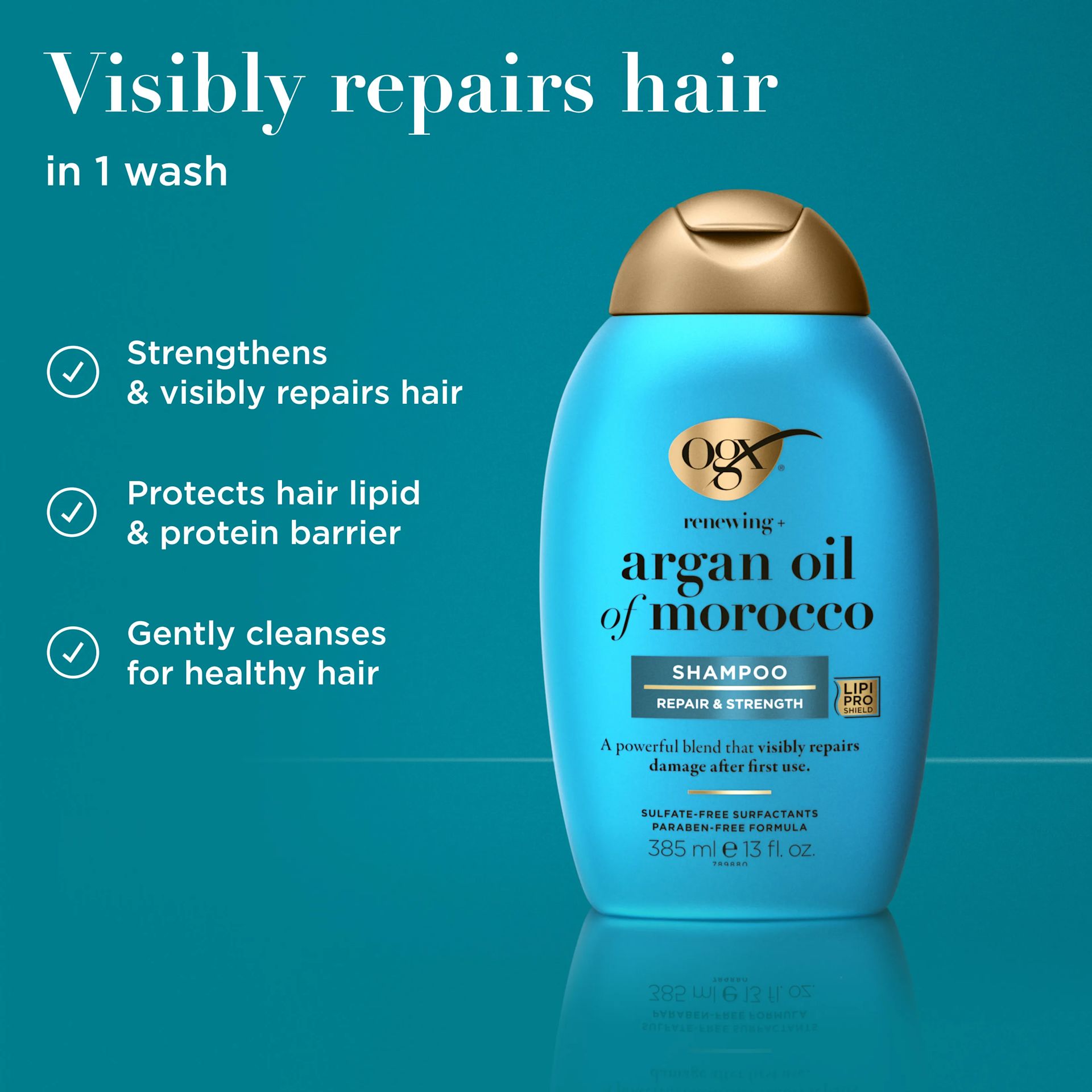 Argan Oil of Morocco Shampoo visibly repairs hair in 1 wash: strengthens & visibly repairs hair, protects hair lipid & protein barrier, cleases for healthy hair.