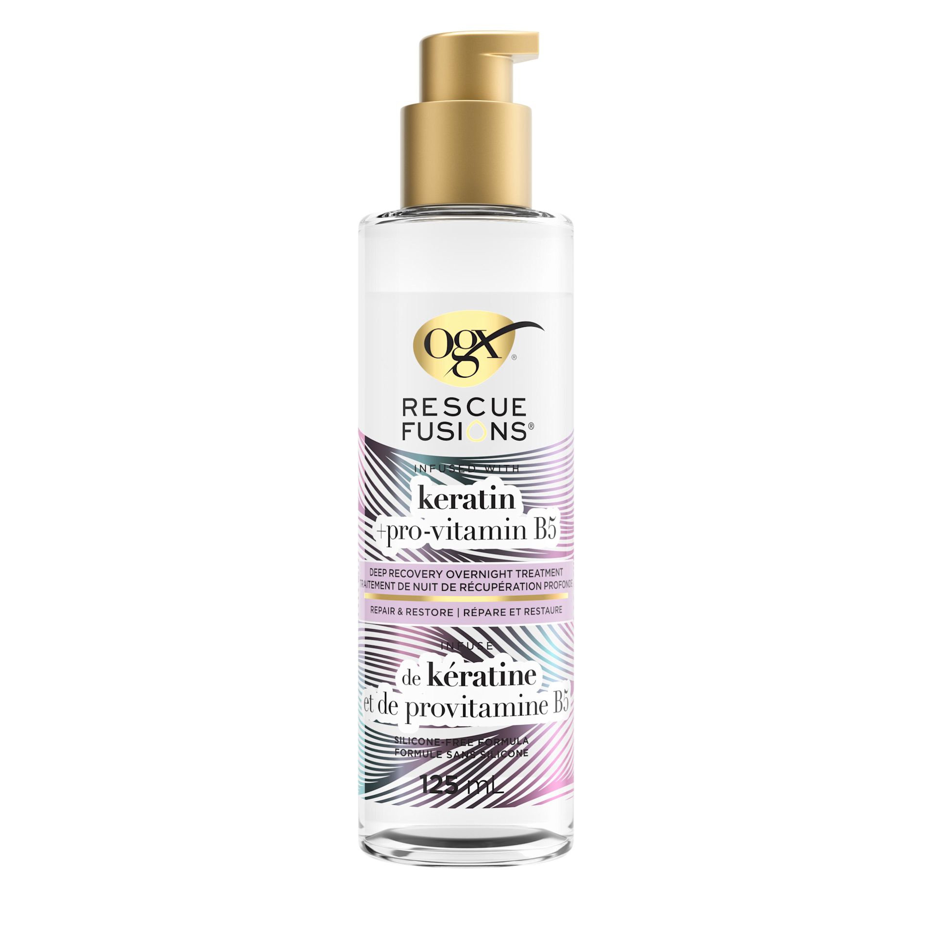 Front shot of OGX® Rescue Fusions® Keratin + Pro-Vitamin B5 Deep Recovery Overnight Treatment 125 mL pump bottle.
